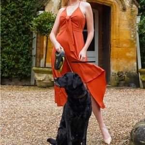Satiny silky sleeveless dark orange midi dress